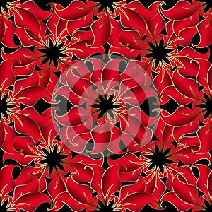 Vintage red 3d flowers vector seamless pattern. Beautiful ornamental decorative background. Floral backdrop. Elegance vintage