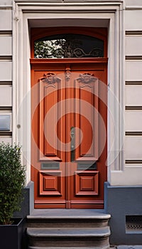 Vintage red entrance door on the facade of a building with stairs, AI generated