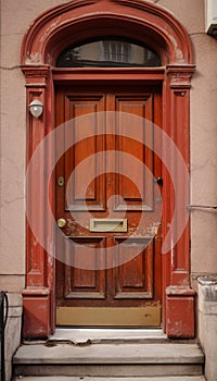 Vintage red entrance door on the facade of a building with stairs, AI generated