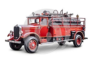 The vintage red fire truck on white background, AI Generated image