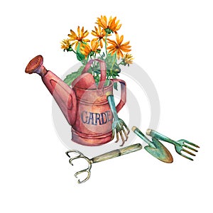 Vintage red garden watering can with a bouquet of yellow flowers and garden tools.