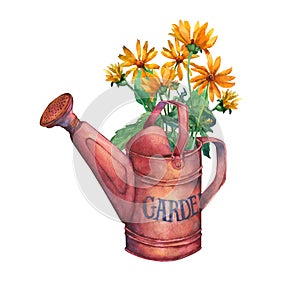 Vintage red garden watering can with a bouquet of yellow flowers.