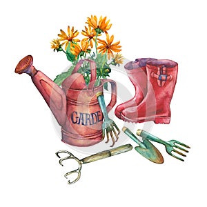 Vintage red garden watering can with a bouquet of yellow flowers, red rubber boots and garden tools.