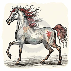 Vintage Red Horse Illustration With Disfigured Forms And Explosive Pigmentation