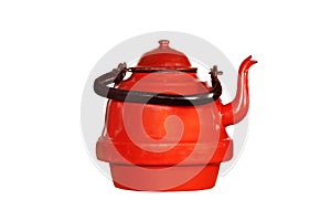vintage red iron teapot isolated on white