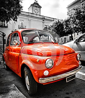 Vintage red italian car old selective color black and white italy 500 cinquecento