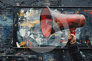 Vintage red megaphone in front of artistic background