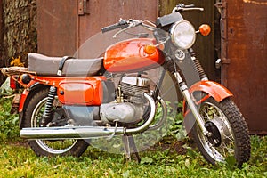 Vintage Red Motorcycle Generic Motorbike In Countryside