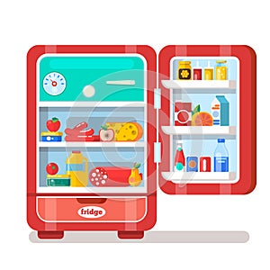 Vintage Red Opened Refrigerator Full Of Food Vector Illus