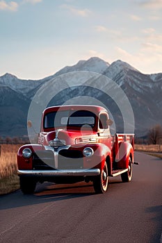 Vintage Red Pickup Truck in Yosemite Mountains