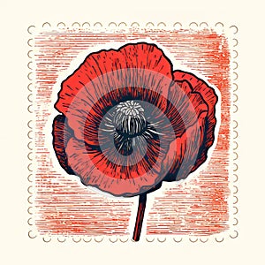 Vintage Red Poppy Flower Stamp - Hand Drawn Vector Illustration