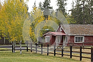 Vintage Red Ranch House In Autumn