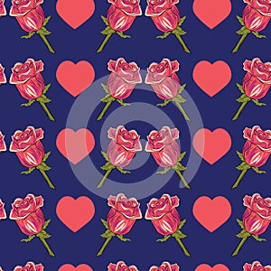 Vintage red roses and hearts on purple background.