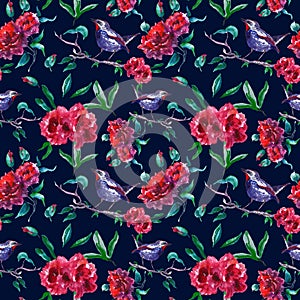Vintage red roses seamless pattern with bird on tree branch. Abstract Garden floral print on dark background for wallpapers, cards