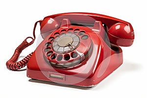Vintage Red Rotary Telephone on White Background