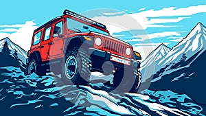 Vintage red SUV standing in snow, on winter mountains background. 4x4 adventure vector illustration