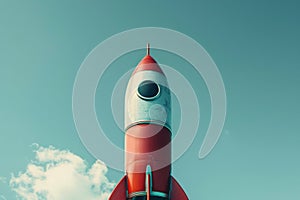 Vintage red toy rocket soaring into a clear blue sky, representing creativity and adventure