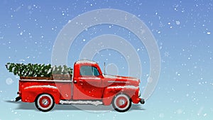 Vintage Red Truck Hauling Christmas Tree with Snow