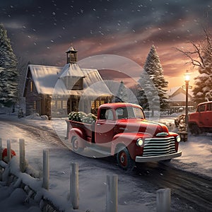 Vintage red truck in a winter farmland scene.