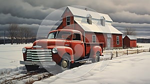Vintage red truck in a winter farmland scene.