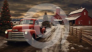 Vintage red truck in a winter farmland scene.