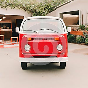 Vintage red van in the yard.