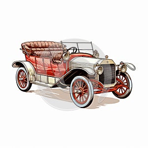 Vintage Red And White Car: Detailed Penciling Illustration