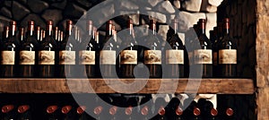 vintage red wine bottles in a rack