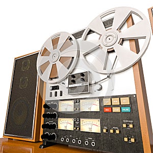 Vintage reel set in white background side close up view