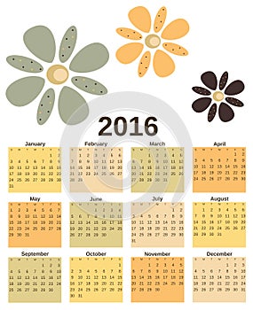 Vintage retro 2016 calendar with flowers background template illustration