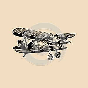 Vintage retro airplane logo. Vector hand sketched aviation illustration in engraving style for poster, card etc.