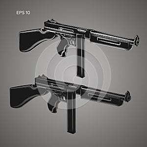 Vintage retro american sub-machine gun vector illustration. Old famous gangster armament.