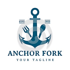 Vintage Retro Anchor Fork and spoon for Nautical Beach Food Restaurant Logo Design