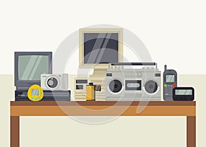 Vintage retro audio video electronic devices gadgets vector illustration.