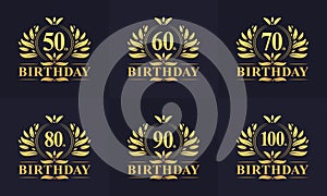 Vintage Retro Birthday logo set. Luxurious golden birthday logo bundle. 50th, 60th, 70th, 80th, 90th, 100th happy birthday logo photo