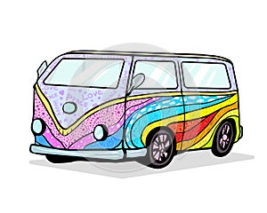 Vintage Retro car. Hand drawn image of hippie transport with airbrushing. photo