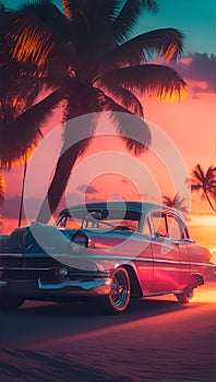 A vintage retro car is parked near the beach against the backdrop of sunset and silhouettes of palm trees