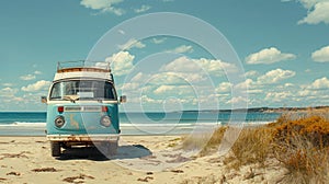 Vintage retro car parked on a tropical sandy beach. Summer vacation trip concept. Rest as a savage, independent travel