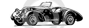 vintage retro car sketch on a white background. classic retro car side view