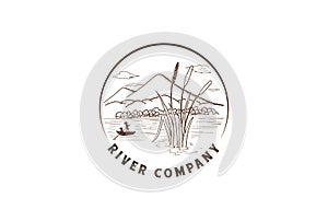 Vintage Retro Circular River Creek Lake Swamp with Grass Reed Cattail and Fisherman Badge Emblem Label Logo Design Vector