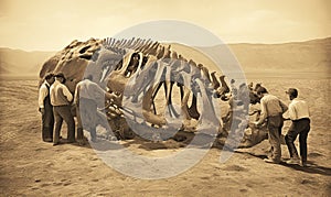 Vintage retro discovery of a dinosaur fossil skeleton
