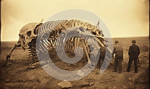 Vintage retro discovery of a dinosaur fossil skeleton