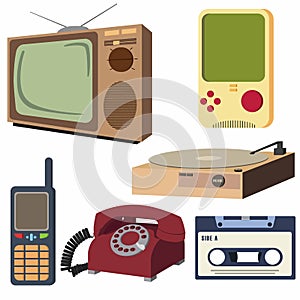 Vintage Retro Electronic Set Object Analog Television, Rotary Dial Telephone, Old Game Console, Compact Cassette Tape, Old Cell P