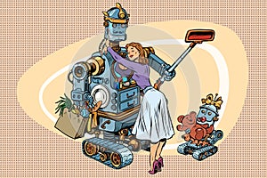 Vintage retro family, dad robot wife and child