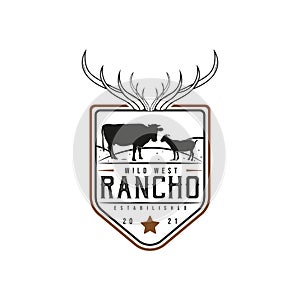 Vintage Retro Farm Cattle Angus Livestock Beef Logo. Wild West Cowboy Ranch. Cow, goat, and sheep icon. Premium and Luxury Logo