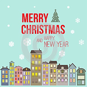 Vintage retro flat style trendy minimalistic Merry Christmas card and New Year wish greeting