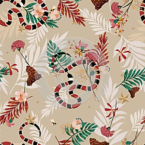 Vintage retro forest in seamless pattern vector with snake , wild leaves ,flowers,insect,butterfly,bees for fashion and all prints