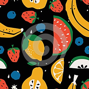 Vintage retro fruit vector seamless pattern. Abstract geometric shape ornament with leaves, fruits and berries. Modern