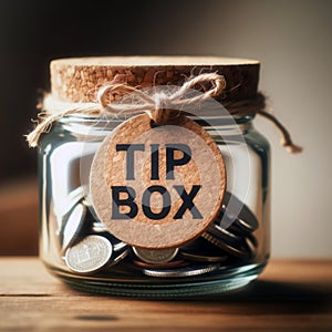 Vintage retro glass jar with hemp rope tie tip box tag and few coins inside on wood counter