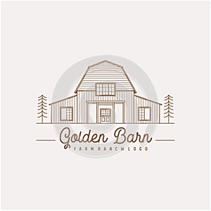 Vintage Retro Golden Wood Barn Farm Minimalist Logo design with line art style